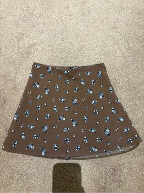 Divided Brown Floral A-Line Women's Skirt - Blue Accent Print size 0